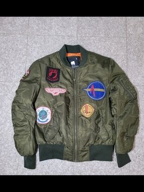 American Stitch Olive Green Bomber Jacket with Multicolor Patches Size Small